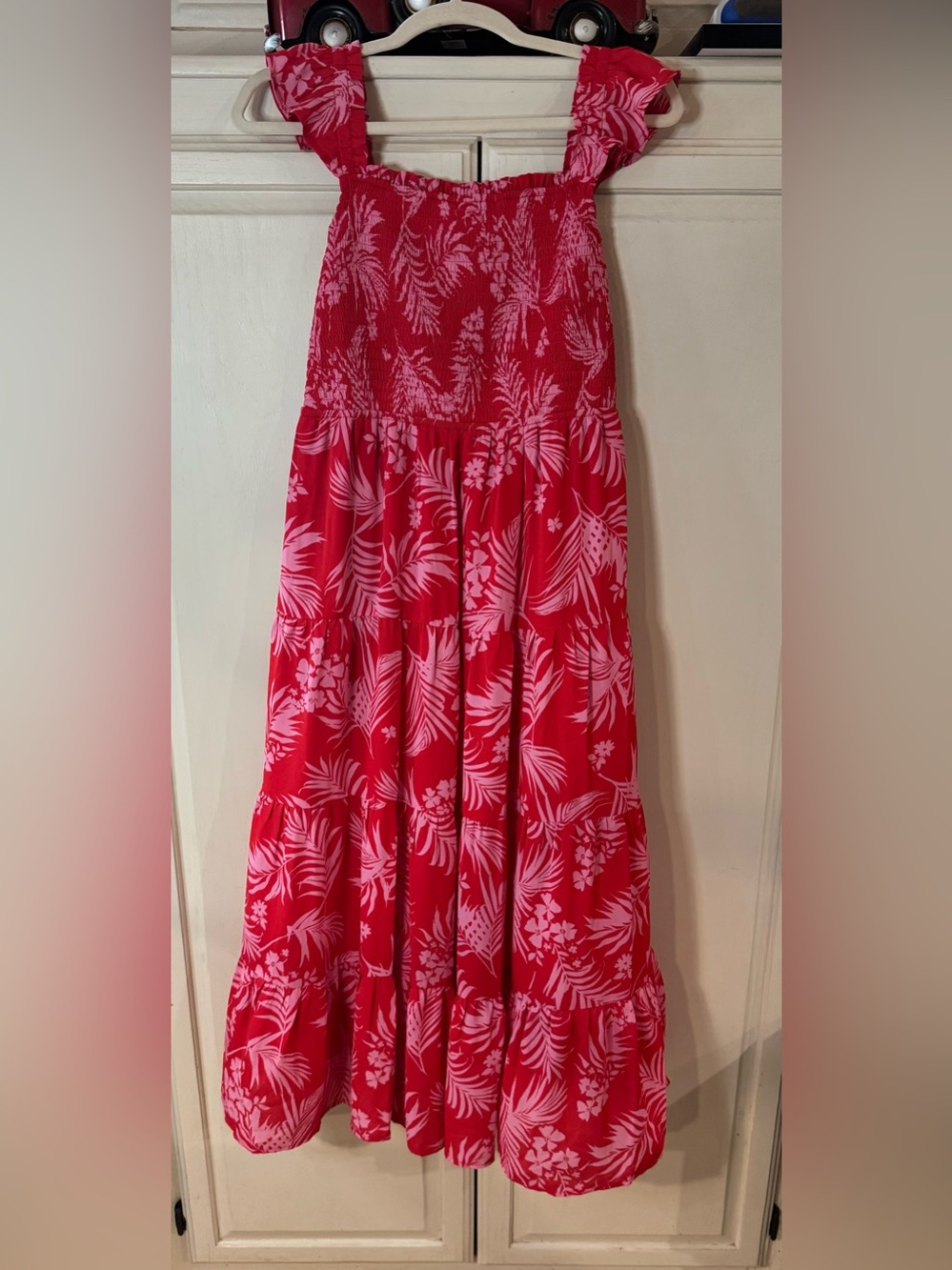 Poppies & Roses Tiered Red Maxi Skirt with Pink Tropical Print